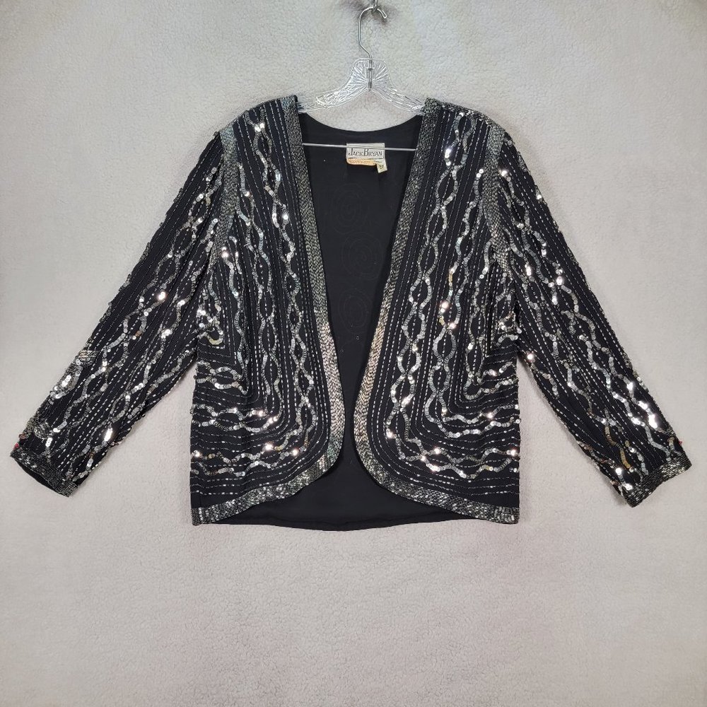 Vintage Jack Bryan Black Classic Silver Sequins Beaded Open Evening Blazer Coat